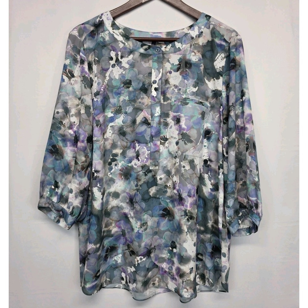 NYDJ Women's 1X Colorful Abstract Chiffon Henley Blouse 3/4 Balloon Sleeve 3172